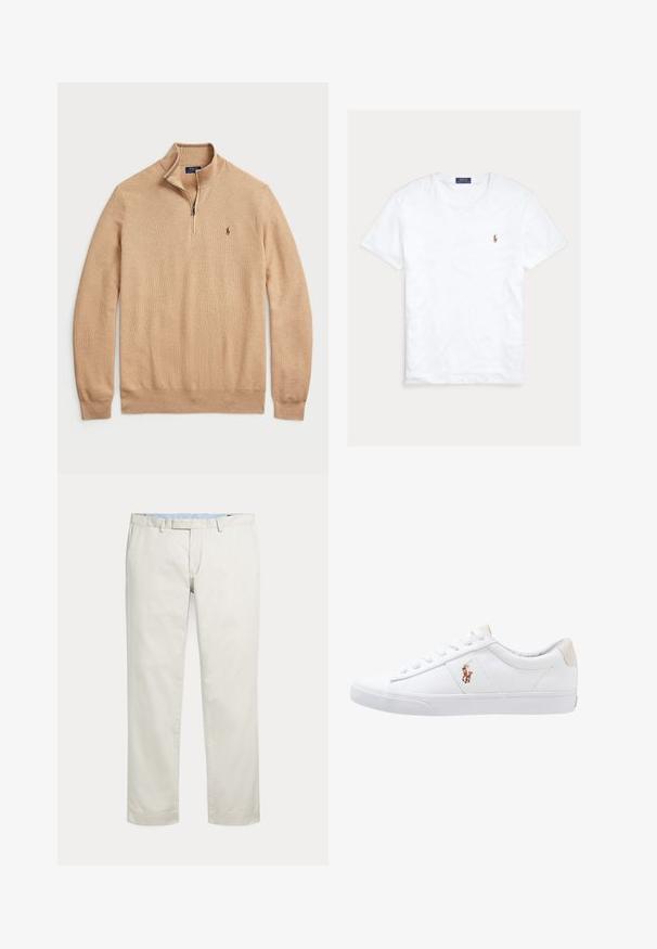Beige zip-hals sweater lavet af struktureret strikstof med ribbede manchetter og kant; har et lille logo på brystet.; Hvid T-shirt med rund hals og korte ærmer med lille broderet Polo Ralph Lauren-logo på venstre bryst og blå mærkeetiket indvendigt i kraven.; Kremfarvede bukser med lige ben, bæltestropper og skjult inderstik foran på en ensfarvet baggrund.; Hvide kanvas sneakers med lågtop design, prydet med en beige hælkappe og et lille broderet logo på siden. Gummisål.
