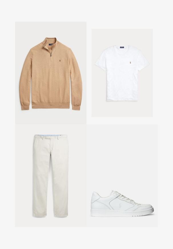 Beige vetoketjupullover, joka on valmistettu teksturoidusta neuleesta, jossa on ribbaantuvat hihansuut ja helma; siinä on pieni logo rinnassa.; Valkoinen, pyöreäkauluksinen lyhythihainen T-paita, jossa on pieni kirjailtu Polo Ralph Lauren -logo vasemmassa rinnassa ja sininen merkkilapullinen kauluksen sisäpuolella.; Vaaleanbeiget värisiä miesten suoralahkeisia housuja vyölenkeillä ja sivutaskuilla, tasaisena valkoisella taustalla esitettynä.; Valkoinen nahkakenkä, jossa on sileä pinta, varustettuna rei'itetyllä varpaalla, nauhakäytöllä ja brodeeratulla logolla sivulla. Valkoinen kumipohja.