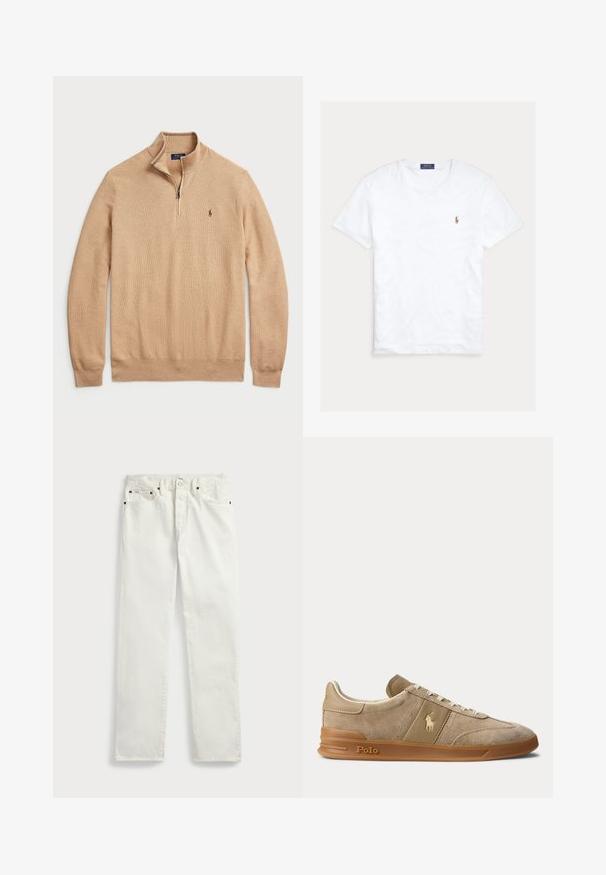 Beige Pullover mit Reißverschluss aus strukturiertem Strickstoff, mit gerippten Bündchen und Saum; verfügt über ein kleines Logo auf der Brust.; Weißes T-Shirt mit Rundhalsausschnitt und kurzen Ärmeln, mit kleinem gesticktem Polo Ralph Lauren Logo auf der linken Brust und blauem Markenetikett innen am Kragen.; Weiße Denim-Jeans mit geradem Schnitt, ausgestattet mit fünf Taschen, Metallknöpfen und Ziernähten entlang der Nähte. Glatte Textur.; Beiger Wildleder- und Leder-Low-Top-Sneaker mit Gummisohle, weißen Schnürsenkeln und Polo-Logo an der Seite und an der Sohle.