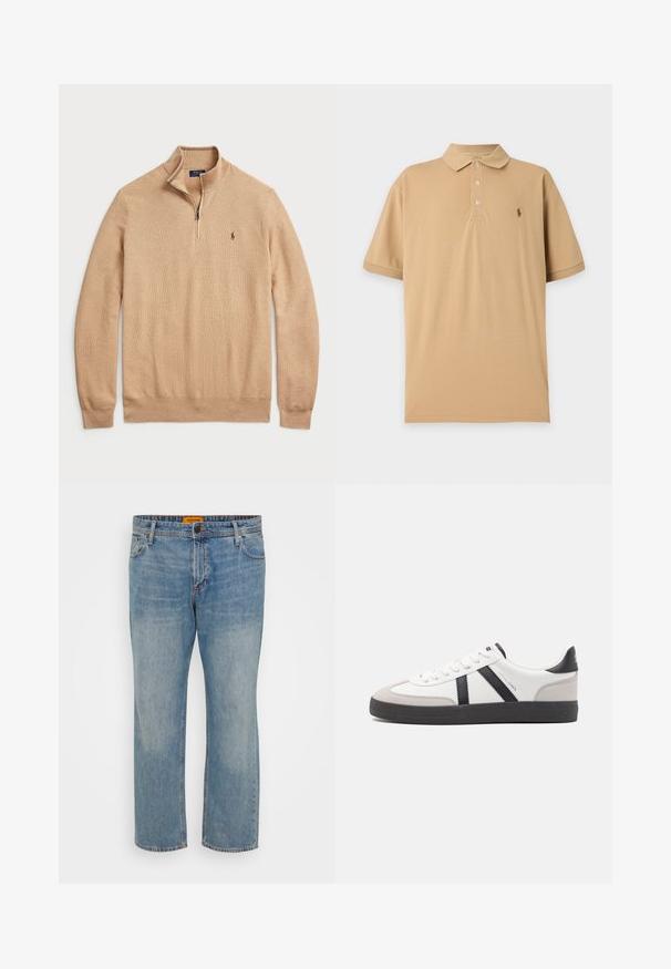 Suéter de cuello con cremallera beige, confeccionado en un tejido de punto texturizado con puños y dobladillo acanalados; presenta un pequeño logo en el pecho.; Polo beige de manga corta con tres botones y pequeño logo bordado en el pecho izquierdo sobre un fondo liso.; Jeans de mezclilla azul claro con corte recto, que cuentan con cinco bolsillos, cierre de botón y etiqueta de la marca naranja en la cintura.; Zapatilla blanca con acentos en negro y gris, que presenta una puntera texturizada en gris, suela de goma negra y cordones planos blancos. Diseño limpio, estilo minimalista.