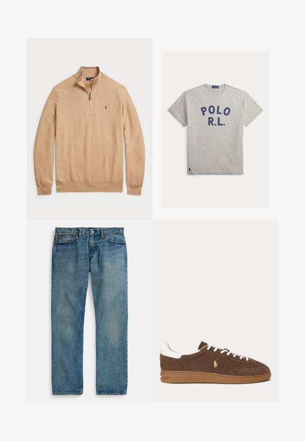 Beige Pullover mit Reißverschluss aus strukturiertem Strickstoff, mit gerippten Bündchen und Saum; verfügt über ein kleines Logo auf der Brust.; Hellgraues T-Shirt mit kurzen Ärmeln und Rundhalsausschnitt, mit dunkelblauem „POLO R.L.“ Schriftzug auf der Brust und kleinem besticktem Logo nahe dem unteren Saum.; Hellblaue Jeans aus Denim mit geradem Bein, fünf Taschen, Knopfverschluss und dezenter Used-Optik für mehr Textur.; Brauner Wildleder-Sneaker mit weißen Schnürsenkeln und Ferse, Gummisohle und goldenem Ralph Lauren Pferdelogo an der Seite.