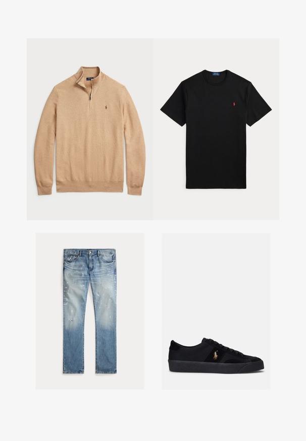 Beige Pullover mit Reißverschluss aus strukturiertem Strickstoff, mit gerippten Bündchen und Saum; verfügt über ein kleines Logo auf der Brust.; Schwarzes T-Shirt mit kurzen Ärmeln und Rundhalsausschnitt mit kleinem rotem, gesticktem Polo-Spieler-Logo auf der linken Brust.; Helle blaue Denim-Jeans mit einem verblichenen Waschlook, abgeriebenen Details, Farbspritzern, traditionellem fünf-Taschen-Design und geradem Bein.; Schwarze Sneakers mit einem Obermaterial aus Stoff und Wildleder, runder Zehenpartie, flacher Gummisohle und gesticktem Logo an der Seite. Schnürdesign mit sechs Ösen.