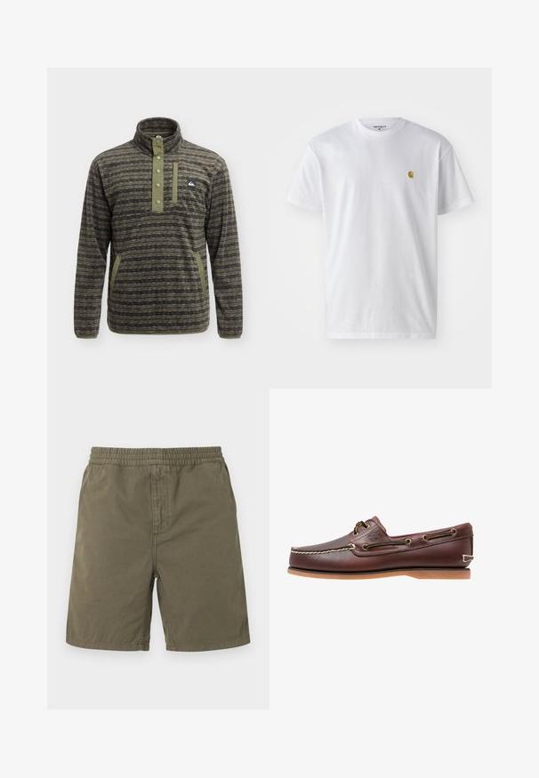 Pull polaire homme avec tissu à motifs, patte à boutons-pression, poche poitrine et poches latérales en tons olive et gris foncé.; T-shirt en coton blanc à manches courtes, col rond, avec un petit logo doré sur la poitrine gauche. Texture douce et coupe régulière.; Shorts décontractés vert olive avec une taille élastique et des poches latérales, présentés sur un fond gris clair.; Chaussure bateau en cuir marron avec coutures blanches, détails de lacets et semelle en caoutchouc beige, vue de côté sur fond blanc.