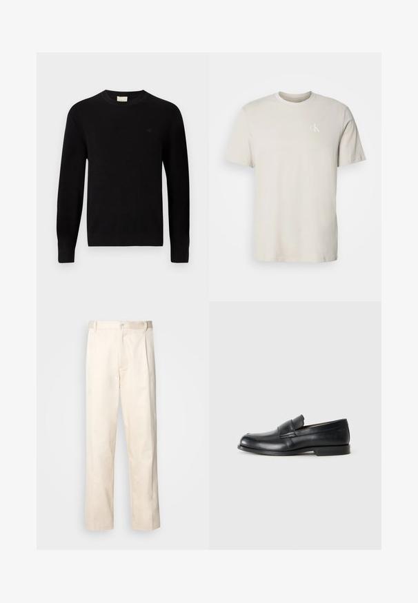 Calvin Klein Jersey de punto - black; Camiseta beige de algodón con cuello redondo y mangas cortas, con pequeño logo blanco "cK" en el lado izquierdo del pecho.; Pantalones de algodón beige con corte recto, que cuentan con un cierre de botón y pliegues en la parte frontal para un detalle adicional.; Mocasines de cuero negro con punta redondeada, detalles cosidos y suela plana de goma. Presentan una banda ancha sobre el empeine.