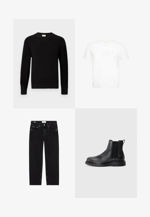 Calvin Klein Svetrík - black; Biele tričko s krátkym rukávom a okrúhlym výstrihom s malým vyšívaným logom "ck" na ľavej strane hrudníka.; Čierne deninové džínsy so strihom rovného nohavicu, mierne opotrebovaný vzhľad, päť vreciek a strieborné detaily. Štítok na páse.; Čierne kožené chelsea čižmy s textúrovaným povrchom, elastickými bočnými panelmi a pevným gumovým podpätkom. Diskrétny branding na päte.