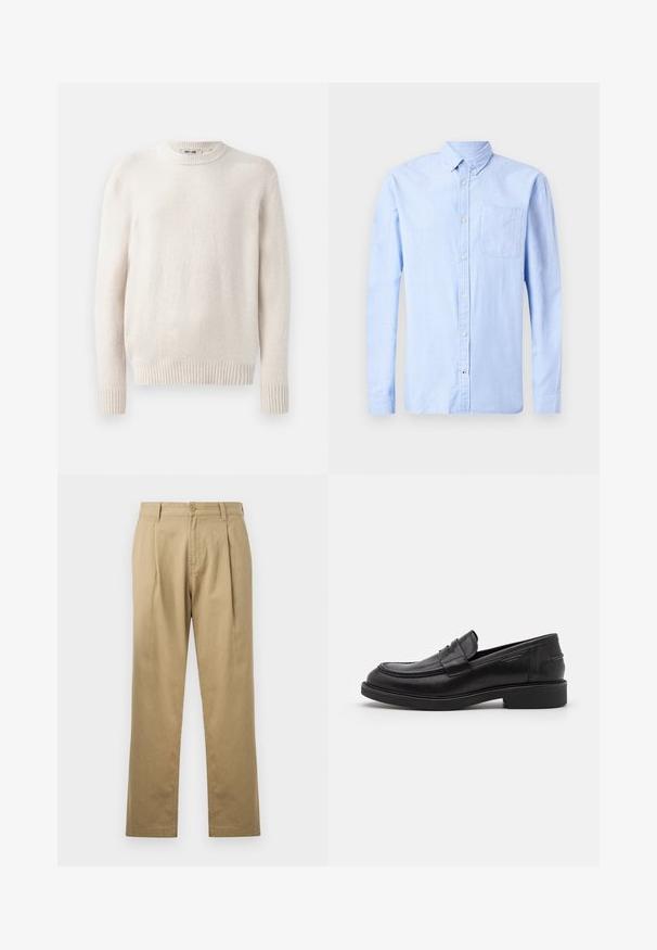 Pull léger beige avec un col rond et des poignets côtelés. Tissu doux avec des manches longues et un ourlet droit. Design minimaliste.; Chemise bleu clair à manches longues, en tissu doux, dotée d'un col boutonné et d'une poche poitrine unique.; Chinos beiges avec une jambe droite, un devant plissé et une fermeture à bouton. Tissu lisse et design de taille standard.; Mocassins en cuir noir avec un bout arrondi, des coutures ton sur ton et un détail de sangle à l'avant. Semelle en caoutchouc avec un petit talon.
