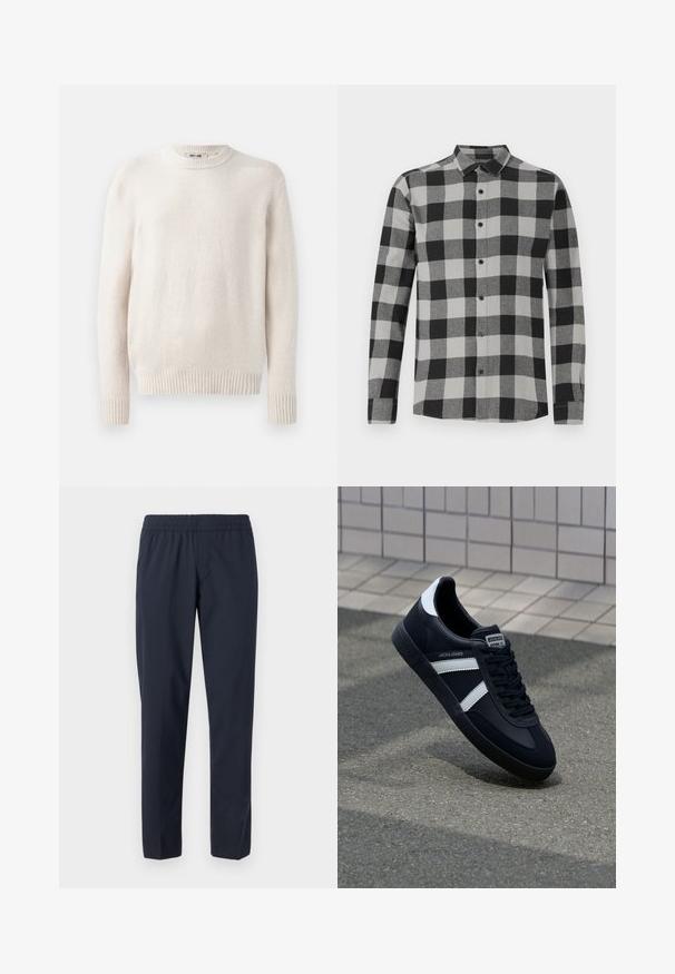 Lys beige sweater med rund hals og ribbede manchetter. Blødt tekstureret stof med lange ærmer og lige kant. Minimalistisk design.; Sort og grå plaid langærmet skjorte med knaplukning foran. Har en krave og sorte knapper. Fremstillet af et blødt, tekstureret stof.; Mørkeblå bukser med elastisk talje, lige ben, let stof og uden synlige lommer eller udsmykninger.; Sort lædersneaker med hvide striber, tekstureret gummisål og snørrebånd foran. Har et brandet mærke på tungen.