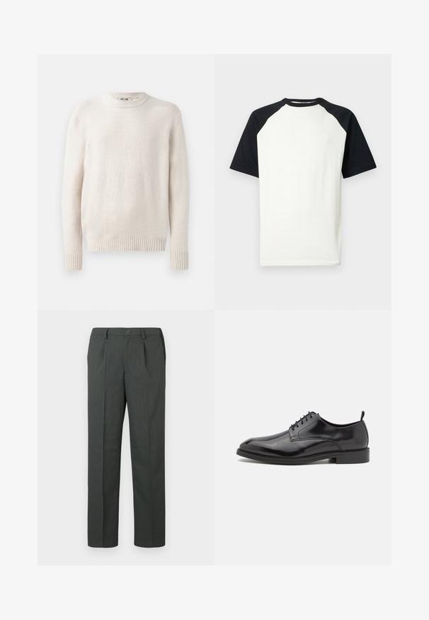 Lys beige sweater med rund hals og ribbede manchetter. Blødt tekstureret stof med lange ærmer og lige kant. Minimalistisk design.; Kortærmet raglan T-shirt med hvid krop og sorte ærmer og krave, vist på hvid baggrund.; Grå skræddersyede bukser med flad front, lige ben design og enkelt knaplukning, lavet af et letvægtsstof.; Sorte lædersko med en glat overflade, rund tå og snørebåndsdesign. Har en lavprofil sort gummisål og en lille hæl.