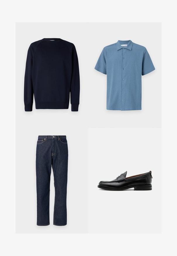 Marineblaues Sweatshirt mit langen Ärmeln, Raglanärmeln, rundem Ausschnitt, gerippten Bündchen und Saum. Glattes Baumwollmaterial, minimalistisches Design.; Kurzärmliges Hemd mit Knopfleiste in Hellblau, aus strukturiertem Stoff, mit einem Karomuster und einem klassischen Kragen. Sechs Knopfverschlüsse an der Vorderseite.; Dunkelblaue Denimjeans mit geradem Bein-Design. Verfügt über einen Knopf- und Reißverschluss, fünf Taschen und Kontrastnähte.; Schwarzer Leder-Herrenschuh mit Mokassinnaht, Penny-Riemen, strukturiertem Kragen und niedrigem gestapeltem Absatz auf weißem Hintergrund.
