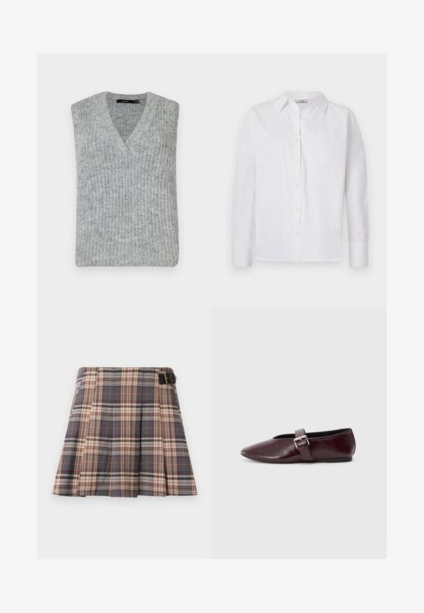 Chaleco de punto gris con escote en V y diseño sin mangas. Presenta una textura acanalada y un dobladillo recto.; Camisa blanca de botones hecha de algodón, con mangas largas, un cuello clásico y detalles de costura sutiles.; Falda de cuadros en colores gris, beige y óxido; cuenta con pliegues, un detalle de hebilla y un diseño estructurado. Confeccionada con una tela tejida.; Bailarinas de cuero burdeos con punta afilada, suela plana y una correa decorativa con hebilla a lo largo del empeine. Textura suave y brillante.