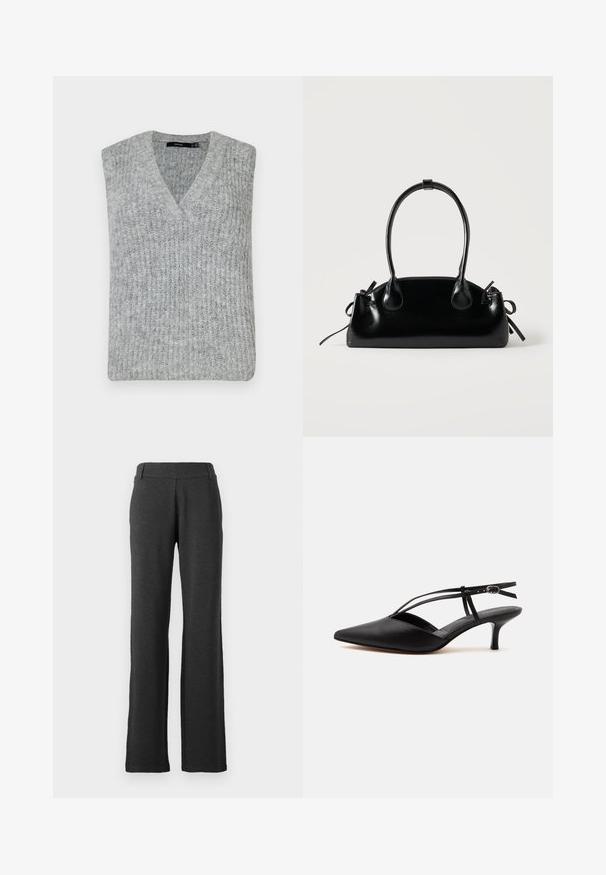 Chaleco de punto gris con escote en V y diseño sin mangas. Presenta una textura acanalada y un dobladillo recto.; Pantalones rectos de color gris oscuro, hechos de una tela suave. Presentan una cinturilla lisa y sin patrones ni acentos visibles.; Zapato de piel negra con puntera puntiaguda y tacón kitten, con tira fina en el tobillo y hebilla, diseño slingback, sobre un fondo liso y claro.; Pequeño bolso negro brillante con dos asas largas y detalles de cordón lateral sobre un fondo claro liso.