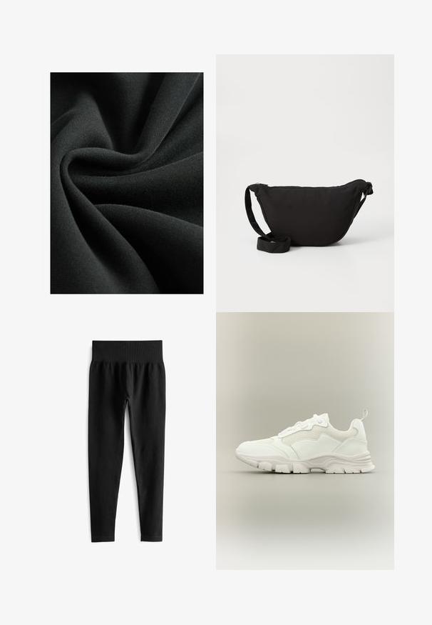 Tissu noir avec une texture lisse et douce, ressemblant à un tricot léger. Le matériau tombe en plis, montrant un éclat subtil.; Leggings noirs à rayures avec une large ceinture élastique. Le tissu semble extensible et texturé, se terminant juste au-dessus de la cheville.; Baskets blanches de sport avec tige en mesh et cuir, semelle épaisse et languette au talon, présentées de profil sur fond neutre.; Sac hobo noir en tissu doux, avec une forme courbée, une fermeture éclair et une large sangle réglable. Texture lisse sans motifs.