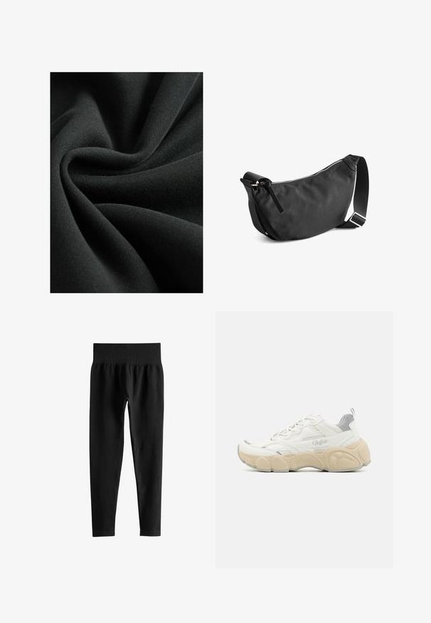 Tissu noir avec une texture lisse et douce, ressemblant à un tricot léger. Le matériau tombe en plis, montrant un éclat subtil.; Leggings noirs côtelés taille haute avec une large ceinture élastique et des jambes slim longueur complète sur fond blanc.; Basket blanche avec tige en mesh et en cuir lisse, dotée d'un col rembourré, d'une semelle en caoutchouc texturée et de subtils accents métalliques.; Sac à bandoulière en tissu noir avec une forme incurvée, fermeture éclair et bandoulière réglable. Présente une texture lisse et un design minimaliste.