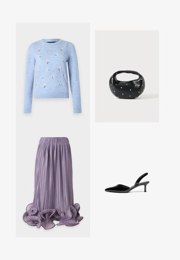 Pull tricoté bleu clair avec broderie florale, col rond, manches longues et poignets côtelés. Texture douce et coupe ajustée.; Jupe midi plissée lavande avec ourlet volanté et bouclé et taille élastique sur fond uni.; Escarpins à talon aiguille en cuir verni noir, avec un bout pointu, un talon aiguille bas et un design élégant et simple sans embellissements.; Sac à main en cuir noir de forme arrondie, décoré de clous argentés et équipé d'une poignée courte. Texture lisse et fermeture éclair.
