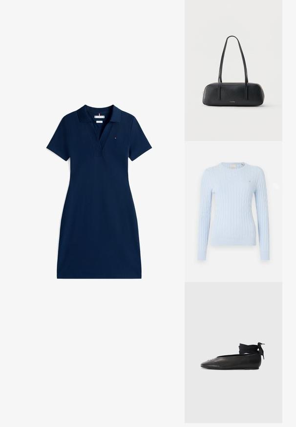 Lichtblauwe kabelgebreide trui met lange mouwen, ronde hals en geribbelde manchetten. Heeft een klein logo op de borst. Zachte textuur.; Navyblauwe polo jurk met korte mouwen, kraag, V-hals en klein logo op de linkerborst.; Zwarte leren balletschoenen met een spitse neus, voorzien van een geweven stoffen enkelband en een kleine decoratieve accent op de neus.; Zwarte rechthoekige schoudertas met dunne bandjes, gouden rits en klein gouden Calvin Klein-logo in het midden aan de voorkant.