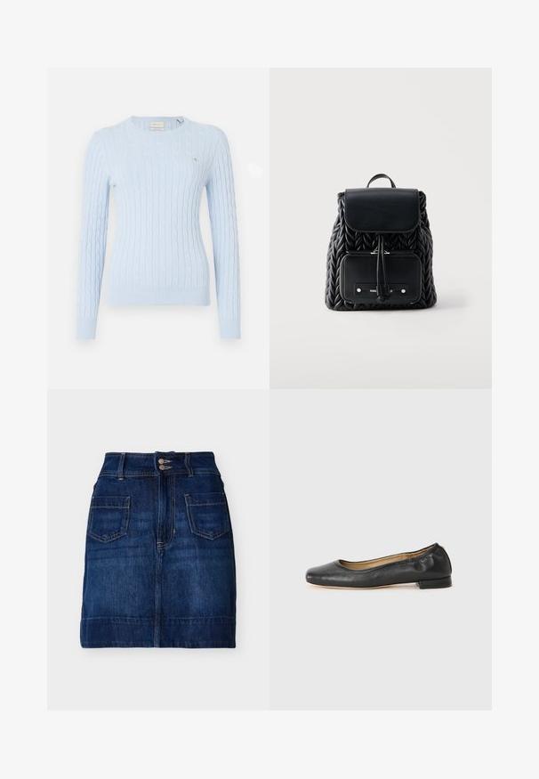 Hele sinine kaeluskudumiselse sweater pikade varrukatega, ümar kaelus ja soonilised mansetid. Ees on väike logo. Pehme tekstuur.; Tumesinist teksaseelikut esitaskute, kahekordse nööpide kinnituse, vööaasa ja nähtava õmblusega, laotatud valgele taustale.; Mustad nahast baleriinijalatsid ümmarguse varba ja minimaalse õmblusega. Madal, ruudukujuline konts ja sile tekstuur. Diskreetne sisepinna detail.; Mustast tikandiga nahast seljakott eesklapiga, nöörlukk ja esitelje lukuga tasku, valgel ühetoonilisel taustal.