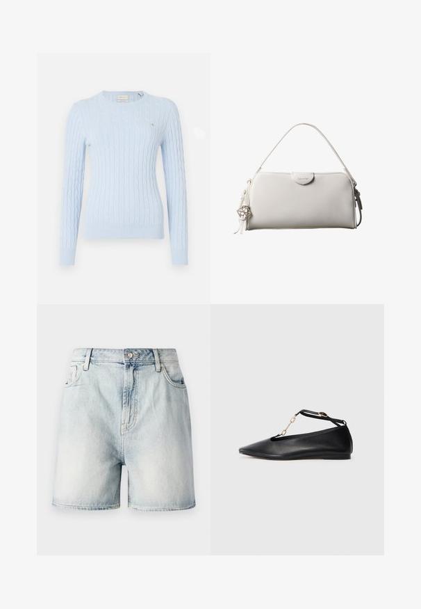 Lichtblauwe kabelgebreide trui met lange mouwen, ronde hals en geribbelde manchetten. Heeft een klein logo op de borst. Zachte textuur.; Lichtblauwe denim shorts met een knoopsluiting, vijf zakken en een vervaagde textuur. Rechte pasvorm met een klassiek ontwerp.; Zwarte leren ballerina's met een pointed toe, uitgesneden ontwerp, enkelbandje en gouden kettingaccent. Glad oppervlak, minimale hak.; Witte rechthoekige Calvin Klein handtas met enkele handgreep, minimalistisch ontwerp en decoratieve kwastjes met geometrische metalen hanger aan de zijkant.
