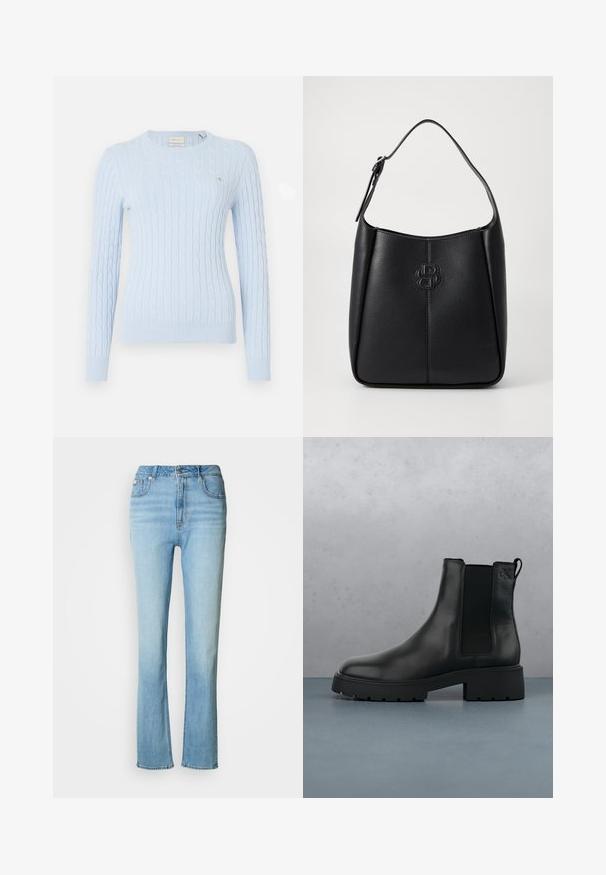 Lichtblauwe kabelgebreide trui met lange mouwen, ronde hals en geribbelde manchetten. Heeft een klein logo op de borst. Zachte textuur.; Lichtblauwe denim jeans met een hoge taille, recht gesneden pijpen en een subtiele vervaagde afwerking. Voorzien van steekzakken en een ritsluiting.; Zwarte leren Chelsea-boot met elastische zijpanelen, gestructureerde afwerking en een robuuste zool, gepositioneerd boven bruine houten tegels met steentjes.; Zwarte leren handtas met een gladde textuur, een enkele schouderband en een reliëflogo aan de voorkant. Heeft een afgeronde vorm en een minimalistisch ontwerp.