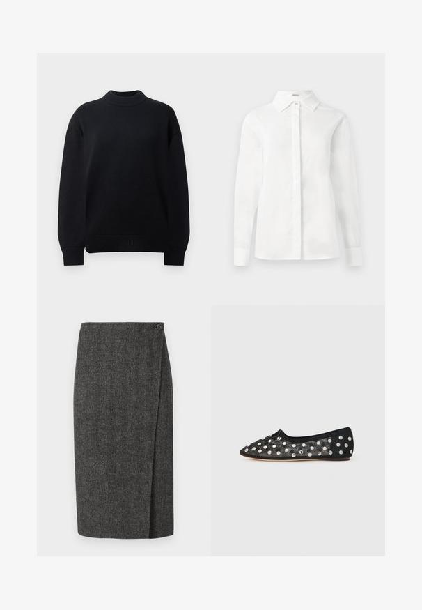 Pull-over en tricot noir avec un col rond côtelé, des épaules tombantes et des poignets et un ourlet côtelés. Design simple et de couleur unie.; Chemise blanche à manches longues en coton lisse, avec un col pointu, un plastron central à boutons et un ourlet droit avec des poignets boutonnés.; Jupe crayon en pied-de-poule gris foncé, présentant un design enroulé et une fermeture à bouton sur le côté, fabriquée à partir d'un tissu tissé texturé.; Chaussure plate noire à bout pointu, en maille avec de grands pois argentés, et un petit nœud à l'avant. Tissu texturé.