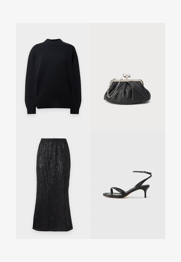 Pull-over en tricot noir avec un col rond côtelé, des épaules tombantes et des poignets et un ourlet côtelés. Design simple et de couleur unie.; Jupe noire avec une taille ajustée, ornée de sequins verticaux pour un effet texturé. L'ourlet est légèrement courbé, créant une silhouette élancée.; Sandale pour femme en cuir noir avec fines lanières, une boucle d'orteil, une boucle à la cheville et un talon aiguille de hauteur moyenne sur un fond neutre.; Porte-monnaie en cuir noir avec texture froncée, cadre en métal argenté, fermeture à verrouillage kiss-lock et bandoulière en chaîne. Surface lisse et douce.
