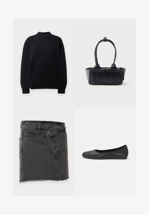 Pull-over en tricot noir avec un col rond côtelé, des épaules tombantes et des poignets et un ourlet côtelés. Design simple et de couleur unie.; Jupe mini en denim noir avec poches avant, passants de ceinture, fermeture à bouton et détails d'ourlet brut.; Ballerines en cuir noir avec un bout rond, texture lisse, détails de couture minimalistes et design de semelle flexible.; Sac à main en cuir noir avec deux poignées, sangles décoratives et une base rectangulaire sur un fond uni clair.