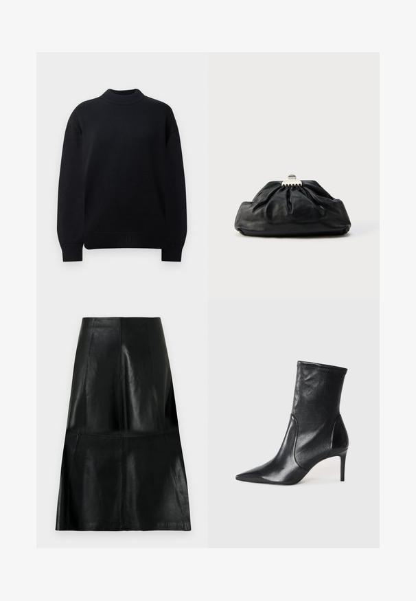 Pull-over en tricot noir avec un col rond côtelé, des épaules tombantes et des poignets et un ourlet côtelés. Design simple et de couleur unie.; Jupe en cuir noire longueur genou avec des coutures de panneaux verticales et horizontales, légèrement évasée au bas.; Bottes noires à la cheville en cuir lisse, dotées d'un bout pointu, d'un tige ajustée et d'un talon haut fin. Design minimaliste sans quincaillerie visible.; Pochette en cuir noir avec une texture plissée, fermeture à fermoir métallique, et logo embossé discret sur le devant. Forme arrondie.