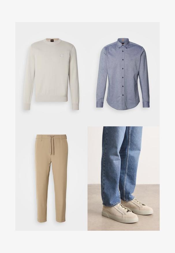 Lys beige striktrøje med lange ærmer, rund halsudskæring, ribbede kanter og manchetter, med et lille rektangulært logo på brystet.; Blå skjorte med knapper i et let stof. Har en spredt krave, lange ærmer og et lille logo på brystet. Frontlukning med knapper.; Beige, tapered bukser med elastisk talje og snor. Glat stof med et rent design uden synlige mønstre eller hardware.; BOSS GARYTENN_SDHDEL - Sneakers - natural ten