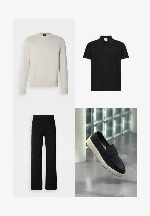 Lichtbeige gebreide trui met lange mouwen, ronde halslijn, geribbelde onderkant en manchetten, voorzien van een klein rechthoekig logo op de borst.; Zwart poloshirt met korte mouwen, een kraag, twee knopen, subtiele contrasterende bies aan de rand van de kraag en een klein "ck"-logo op de borst.; Zwarte katoenen broek met een recht design, voorzien van een knoopsluiting en riemlussen. Gladde textuur en minimalistische stijl zonder zichtbare patronen.; Zwarte suède loafer met witte zool die zweeft boven een lichtgrijze gepolijste vloer, met een glazen blokmuur en een witte zuil op de achtergrond.