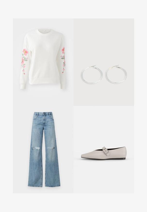 Sweatshirt blanc avec une broderie florale rose vif le long des manches. Tissu léger, col rond et poignets et ourlet côtelés.; Jean large taille haute bleu clair avec déchirures aux genoux, design classique à cinq poches et fermeture éclair avec bouton.; Chaussure plate en cuir beige avec un bout pointu, un accent de boucle sur le côté et une semelle noire basse. Texture lisse et design minimaliste.; Paire de boucles d'oreilles créoles argentées brillantes avec fermoirs en fil fin, présentée sur un fond gris clair.