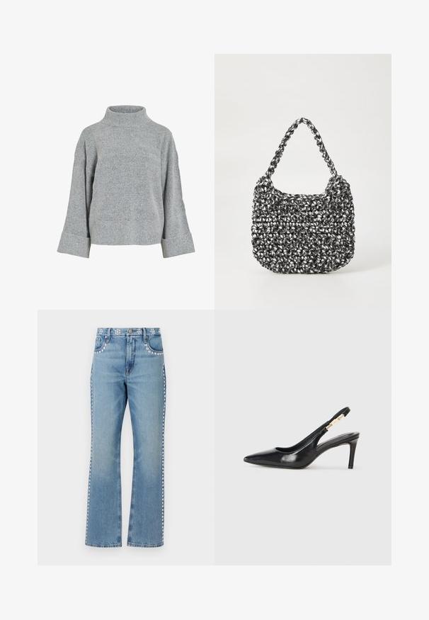 Grå strikket sweater med høj krave, brede ærmer og struktureret stof. Har en afslappet pasform og ribbede detaljer ved ærmekanterne og nederste kant.; Good American GOOD ICON STUDDED - Jeans Straight Leg - indigo; Sort læder slingback højhælede sko med spidse tæer, glat overflade og en smal ankelrem med guldfarvede hardware detaljer.; Vævet håndtaske i sort og hvid med en rund form, tekstureret overflade og et fletet håndtag. Velegnet til afslappet brug.