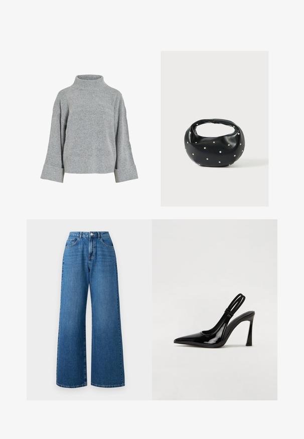 Grijze gebreide trui met een hoge kraag, brede mouwen en een gestructureerde stof. Heeft een casual pasvorm en ribgebreide accenten bij de manchetten en de zoom.; Brede blauwe denim jeans met een hoge taille, voorzien van een vijf-pocketdesign, een sluiting met een knoop aan de voorkant en subtiele vervaging op de stof.; Zwarte gepatineerde leren slingback pump met puntige neus, slanke hoge hak en dubbele elastische band voor een veilige pasvorm. Gladde, glanzende oppervlakte.; Zwarte leren handtas met een afgeronde vorm, versierd met zilveren studs, en een korte handgreep. Gladde textuur en ritsluiting.