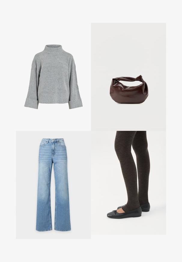 Pull en maille grise avec un col montant, des manches larges et un tissu texturé. Présente une coupe décontractée et des accents côtelés aux poignets et à l'ourlet.; Jean en denim bleu clair à taille haute et jambes larges, avec poches avant, passants pour ceinture et fermeture par bouton.; Jambes portant des leggings côtelés foncés associés à des ballerines noires avec de petits détails en nœud sur fond blanc.; Sac bandoulière en cuir marron foncé avec une forme souple et décontractée et une anse nouée torsadée sur un fond blanc uni.