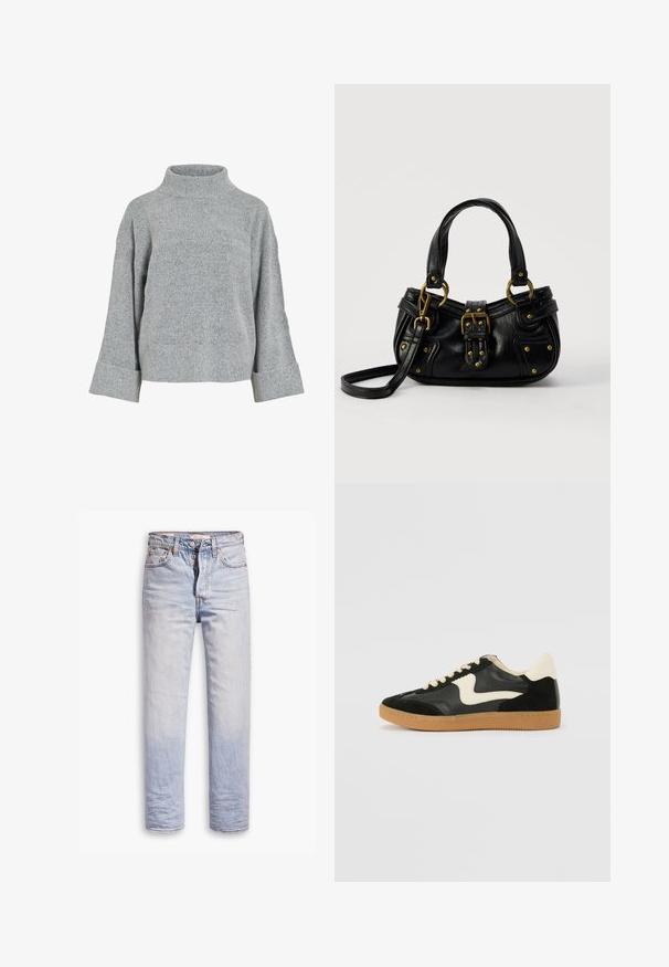 Grijze gebreide trui met een hoge kraag, brede mouwen en een gestructureerde stof. Heeft een casual pasvorm en ribgebreide accenten bij de manchetten en de zoom.; Lichtblauwe denim jeans met een straight leg ontwerp, voorzien van een knoopgulp, vijf zakken en subtiele vervaging langs de benen.; Zwarte suède en leren sneaker met een crèmekleurige zij-swoosh en lichte crèmekleurige hiel. Voorzien van beige veters en een gumrubberen zool.; Zwarte leren handtas met gouden gesp en klinknagel details, korte handvatten en een verstelbare schouderriem op een effen witte achtergrond.