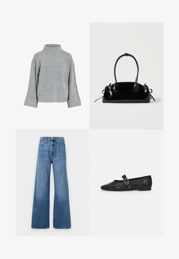Grijze gebreide trui met een hoge kraag, brede mouwen en een gestructureerde stof. Heeft een casual pasvorm en ribgebreide accenten bij de manchetten en de zoom.; Blauwe high-waisted wijde jeans met knoop- en ritsluiting, voorzakken en subtiele vervaging op de stof.; Zwarte leren platte schoen met een ronde neus, een enkele verstelbare gespsluiting en een gladde, glanzende textuur. Minimalistisch ontwerp met een lage hak.; Kleine zwarte glanzende handtas met twee lange hengsels en zijkant trekkoord details op een effen lichte achtergrond.