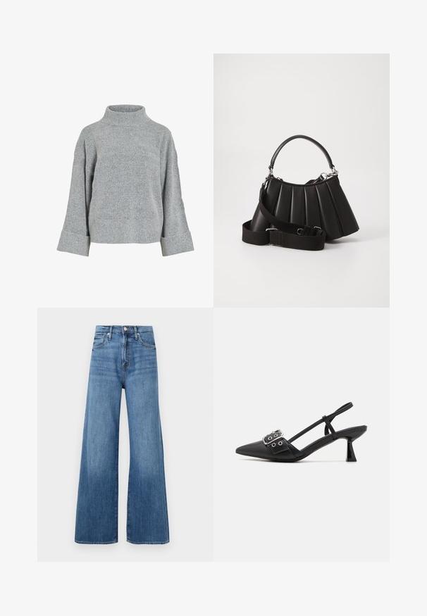 Grå strikket sweater med høj krave, brede ærmer og struktureret stof. Har en afslappet pasform og ribbede detaljer ved ærmekanterne og nederste kant.; Blå højtaljede vidde jeans med knap- og lynlåslukning, forlommer og diskret fading på stoffet.; Simmi London DALA - Pumps - black; Sort plisseret handbag med et rundet håndtag, justerbar rem og blank overflade. Har sølvfarvet hardware og en struktureret silhuet.