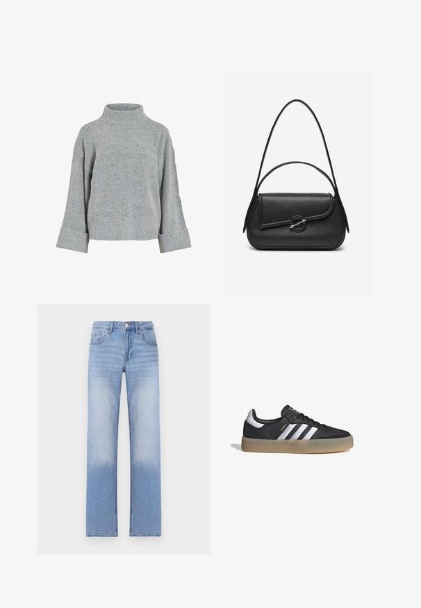 Suéter gris de punto con cuello alto, mangas amplias y tela texturizada. Presenta un ajuste casual y detalles acanalados en los puños y el dobladillo.; Pantalones de mezclilla azul claro con un diseño de pierna recta, que presentan un lavado deslavado en la parte inferior y un estilo clásico de cinco bolsillos.; Zapatilla deportiva de cuero negro con tres rayas plateadas, punta texturizada y suela de goma. Cuenta con un collar acolchado y un diseño con cordones.; Bolso de cuero negro con bordes redondeados, solapa asimétrica, cierre circular de metal y correas de hombro cortas y largas.