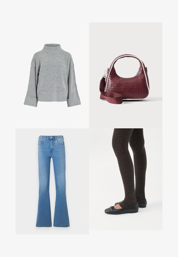 Grå strikket sweater med høj krave, brede ærmer og struktureret stof. Har en afslappet pasform og ribbede detaljer ved ærmekanterne og nederste kant.; Lyseblå denim jeans med vidde ved benene og en talje i mellemhøjde, der har forlommer og lukning med knap. Glat tekstur og klassisk design med fem lommer.; Ben iført mørke ribbede leggings kombineret med sorte balletsko med små sløjfedetaljer på hvid baggrund.; Mørkerød vævet lædertaske med buet hank, hvid kant, sølv lynlås og aftagelig bred stofskulderrem mod en ensfarvet baggrund.