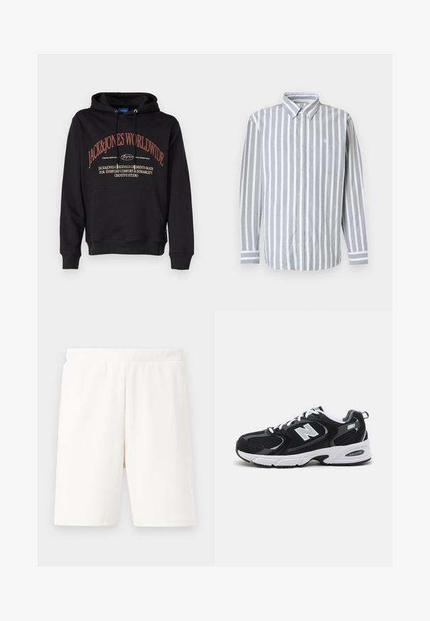Musta huppari, jossa on kenguru-tasku, jossa on punainen teksti: "JACK&JONES WORLDWIDE" ja lisäteksti alla. Valmistettu pehmeästä kankaasta.; Miesten nappipaita, jossa on harmaita ja valkoisia pystysuoria raitoja, pitkät hihat ja pieni logo rinnassa. Puuvillakangas, klassinen kaulus.; Valkoiset ribbihousut, joissa on joustava vyötärö, suoralla leikkauksella ja pehmeällä pinnalla, sopivat rentoon käyttöön.; Mustat ja harmaat urheilukengät, joissa on verkkokangas- ja keinonahka päällyste, valkoinen välipohja, nauhat sekä rohkea "N"-logo sivussa.