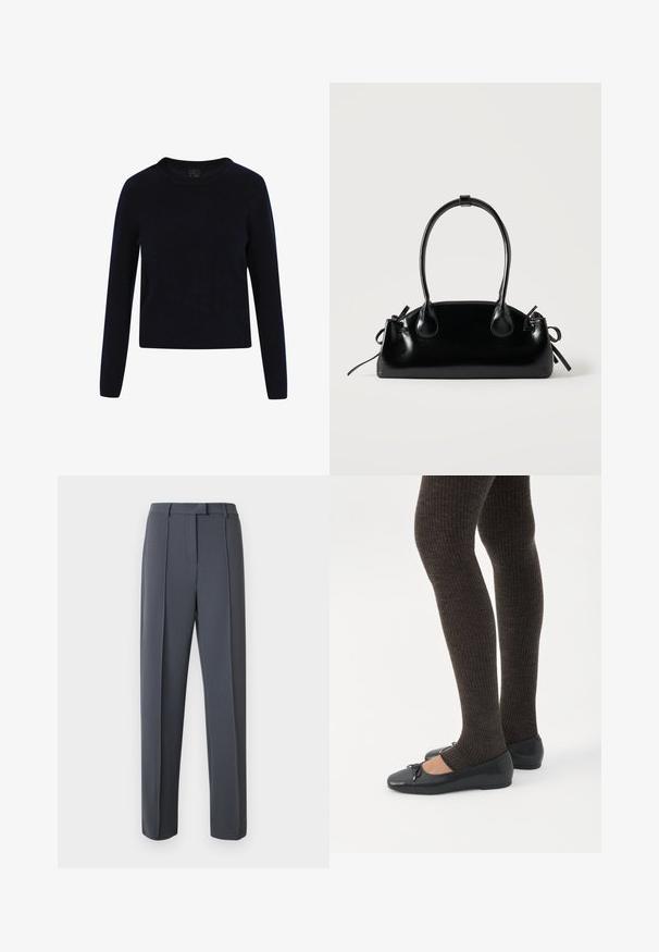 Pull en laine bleu marine, col rond, manches longues, poignets et ourlet côtelés, texture douce, design ajusté sans motifs ni embellissements visibles.; Un pantalon gris sur mesure présente une coupe droite, un devant plissé et une texture lisse. La ceinture est équipée de passants pour une adaptation ajustable.; Jambes portant des leggings côtelés foncés associés à des ballerines noires avec de petits détails en nœud sur fond blanc.; Petit sac à main noir brillant avec deux longues anses et des détails à cordon sur les côtés sur un fond clair uni.