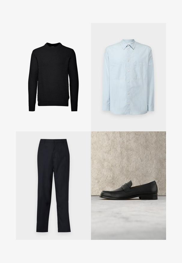 Pull noir avec un motif texturé et matelassé. Manches longues, col rond, et finitions côtelées aux poignets et à l'ourlet. Design simple et sans embellissement.; Chemise bleu clair à manches longues en coton, dotée d'un col classique, de deux poches poitrine et d'une coupe légèrement décontractée.; Pantalon bleu marin en tissu lisse, avec un design à jambe droite, une fermeture à bouton unique et de légères plis avant.; Mocassin en cuir noir flottant au-dessus d'un tapis beige avec une table ronde brune brillante en arrière-plan.
