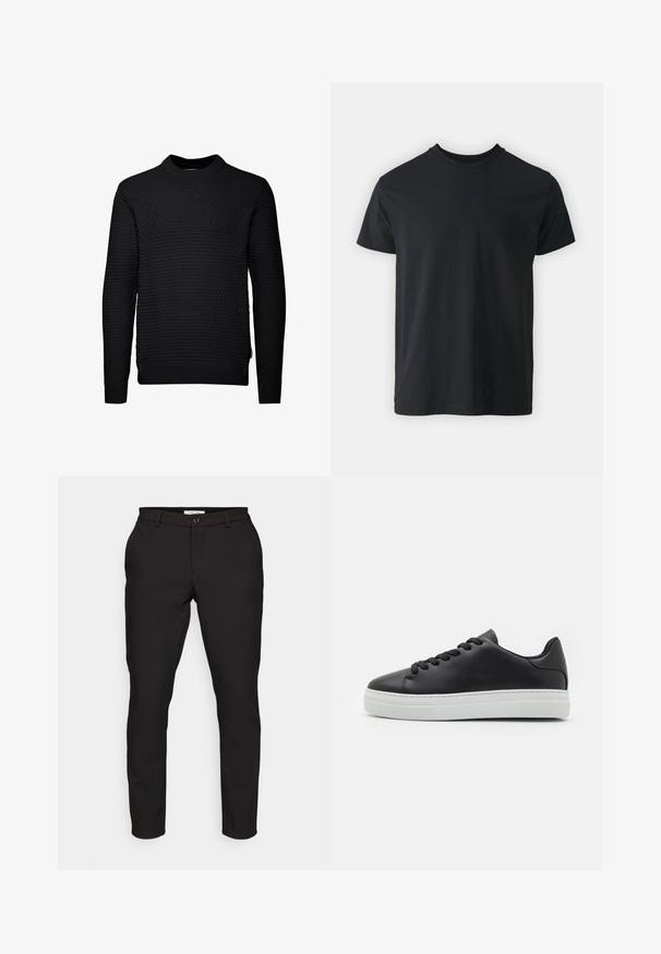 Sort sweater med et struktureret, quiltet mønster. Lange ærmer, rund halsudskæring og ribbede manchetter og kant. Simpelt, ukompliceret design.; Sort bomulds t-shirt med kortærmer, rund halsudskæring og en afslappet pasform. Glat tekstur og lige kant, ingen synlige grafikker eller mønstre.; Sorte skræddersyede bukser med slim fit. Har lynlås, knaplukning, sidelommer og et glat, let stof.; Sorte lædersneakers med rund tå, hvid gummisål og sorte snørebånd. Har en glat overflade og minimalistisk design.