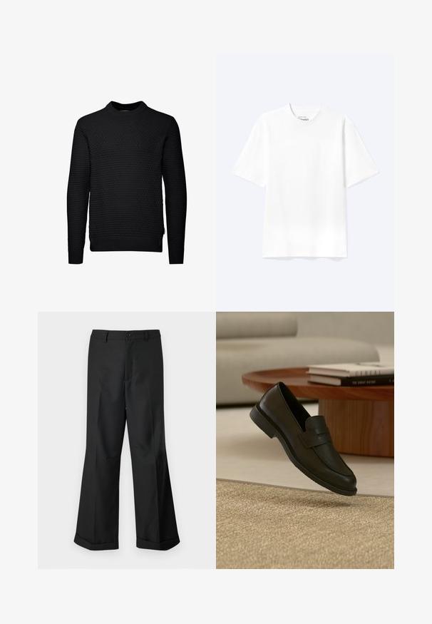 Sort sweater med et struktureret, quiltet mønster. Lange ærmer, rund halsudskæring og ribbede manchetter og kant. Simpelt, ukompliceret design.; Enkel hvid T-shirt med korte ærmer og rund hals med afslappet pasform, vist på en lys baggrund.; Sorte vide benbukser med knappet talje og opslåede ben, præsenteret mod en ensfarvet hvid baggrund.; Sort læderloafer vist i luften over en beige vævet tæppe, med et træbord og stablede bøger i et blødt oplyst stue.