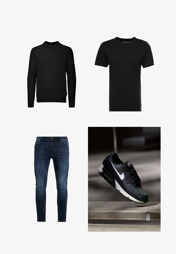 Sort sweater med et struktureret, quiltet mønster. Lange ærmer, rund halsudskæring og ribbede manchetter og kant. Simpelt, ukompliceret design.; Sort t-shirt med korte ærmer lavet af bomuld, med rund hals og en diskret logoetiket på siden. Simpelt og alsidigt design.; Mørkeblå denim jeans med slim fit, der har syninger i detaljerne, en frontknap og fem lommer til opbevaring.; Sort og grå Nike Air Max sneaker med hvid swoosh, ophængt over en betongulv mod en sløret mørk baggrund.