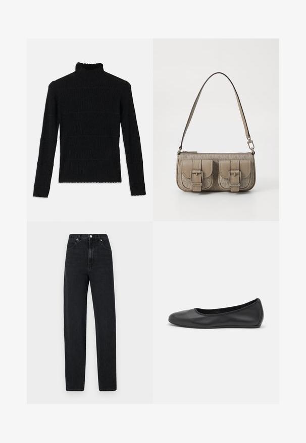 Zwarte geribbelde turtleneck trui met lange mouwen en een gestructureerde afwerking. Voorzien van horizontale strepen en een geschulpte zoom bij de mouwen.; Zwarte, rechte jeans van denim. Kenmerkt zich door een hoge taille, metalen knoopsluiting, vijf zakken en subtiele stiksels.; Zwarte leren ballerina met een ronde neus, gladde textuur, minimale stikdetails en een flexibele zoolontwerp.; Beige handtas met dubbele gespsaccenten, gestructureerd oppervlak, ritssluiting en een enkele verstelbare schouderriem. Voorzien van logo-details aan de voorkant.