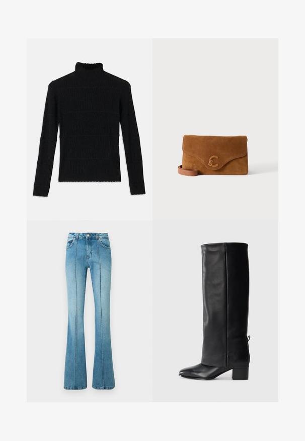 Sort ribbet turtleneck sweater med lange ærmer og en tekstureret overflade. Fremstår med vandrette striber og en bølget kant ved ærmerne.; Lys blå denimjeans med høj talje, frontsyninger, forlommer, bæltestropper og udvidede ben mod en hvid baggrund.; Sorte læder knæhøje støvler med en glat finish, firkantet tå, blokhæl og sidelukning for justerbar pasform.; Brun ruskind clutch taske med en buet klap og præget dekorativt logo i midten, ledsaget af en matchende læder håndledsrem.