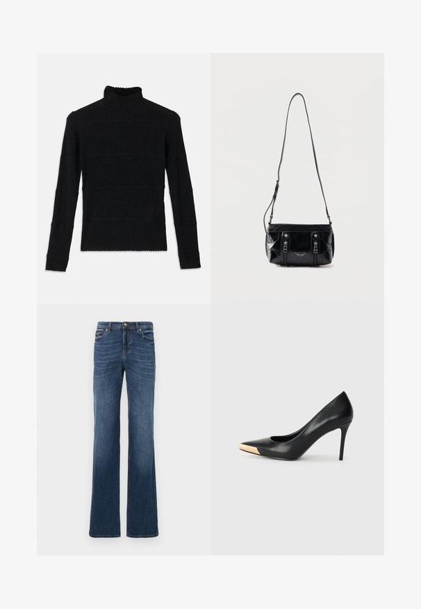 Sort ribbet turtleneck sweater med lange ærmer og en tekstureret overflade. Fremstår med vandrette striber og en bølget kant ved ærmerne.; Mørkeblå denim jeans med lige ben, intakte sømme, subtile slidmærker på forsiden og klassisk knap- og lynlås lukning.; Sort læder stiletter med spids tå; har et metalisk guldakcent på tåkapperne. Glat overflade med et strømlinet design.; Sort skuldertaske i læder med justerbar rem, to lodrette lynlåse foran og et lille metalvinge-emblem under lynlåsene.