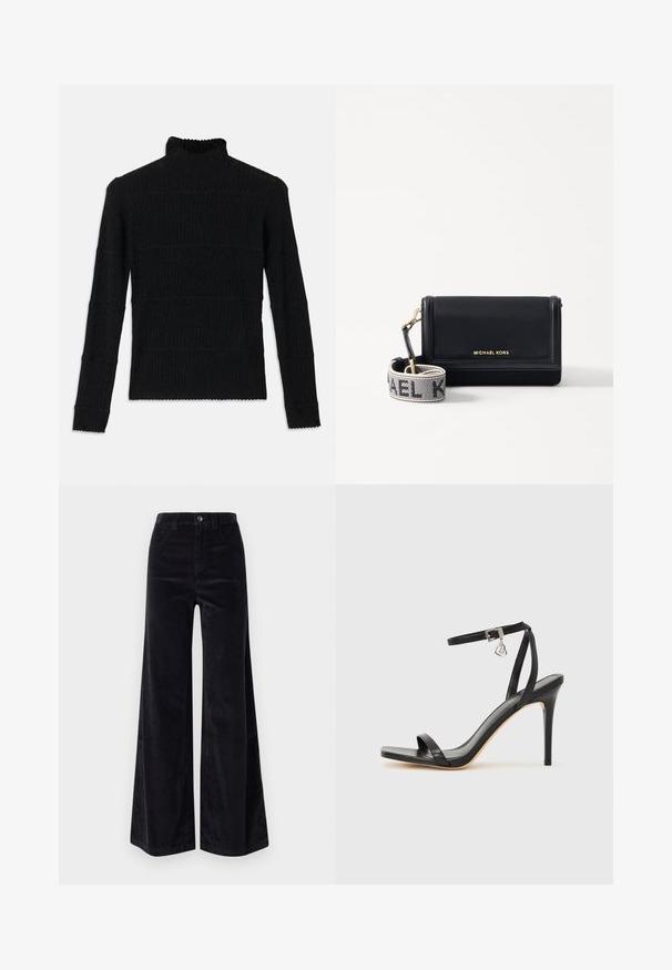 Pull en maille côtelée noir à col roulé, à manches longues et finition texturée. Présente des rayures horizontales et un ourlet festonné au niveau des manches.; Pantalons larges en velours côtelé noir avec taille haute, fermeture à bouton et poches avant. Texture lisse avec un motif en ribbing vertical.; Sandale à talon haut noire avec une bride étroite à la cheville, bout carré, cuir lisse et accent de boucle métallique.; MICHAEL Michael Kors JET SET SM PHONE WBG XBODY - Sac bandoulière - black
