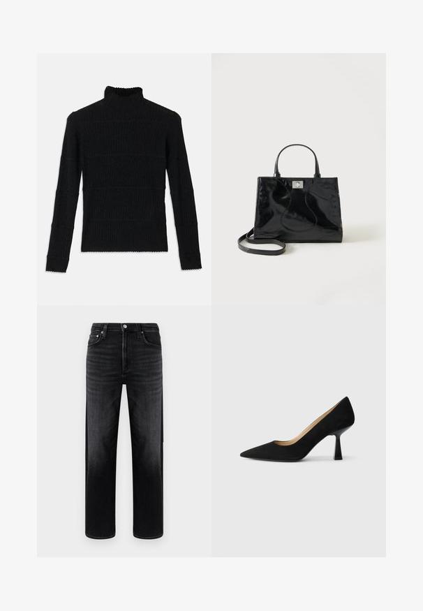 Sort ribbet turtleneck sweater med lange ærmer og en tekstureret overflade. Fremstår med vandrette striber og en bølget kant ved ærmerne.; Sorte denimjeans med afslappet pasform, lige ben og minimal falmning. Har knaplukning, fem lommer og diskrete syningsdetaljer.; Sorte ruskinds højhælede pumps med spids tå, der har en blank sort blokhæl og en glat indvendig foring.; Sort håndtaske i laklæder med afrundede håndtag, aftagelig skulderrem og sølvspænde på ensartet hvid baggrund.