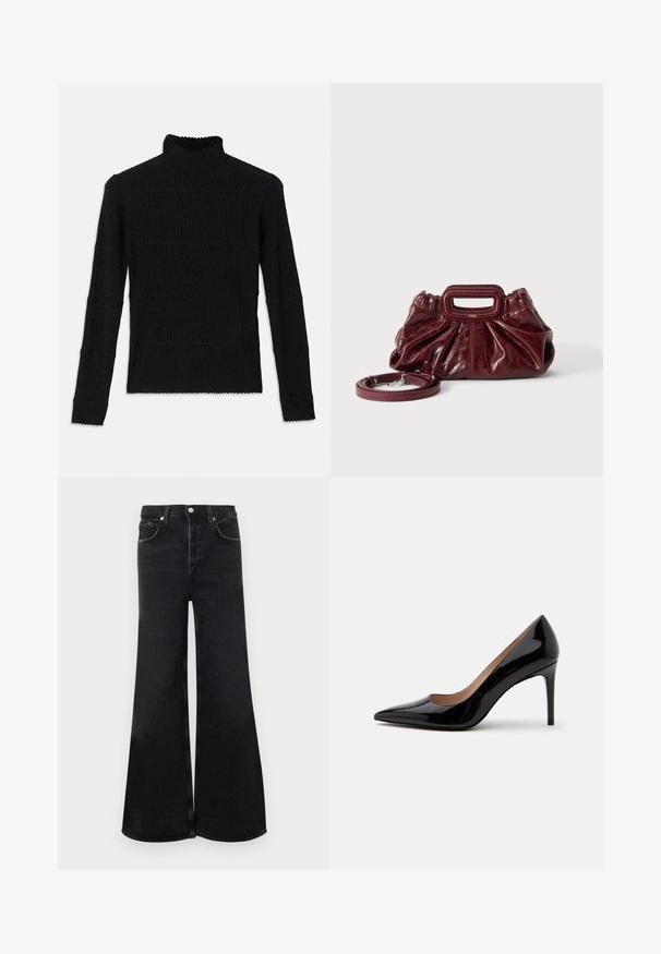 Zwarte geribbelde turtleneck trui met lange mouwen en een gestructureerde afwerking. Voorzien van horizontale strepen en een geschulpte zoom bij de mouwen.; Zwarte wijde jeans gemaakt van denim, met een hoge taille, klassiek ontwerp met vijf zakken en een knoopsluiting aan de voorkant.; Zwarte lakleren pump met hoge hak, spits toelopende neus en naaldhak, zij-aanzicht op een effen witte achtergrond.; Kleine donkerrode leren handtas met geplooide textuur, rechthoekig handvat met uitsparing en afneembare schouderriem tegen een witte achtergrond.