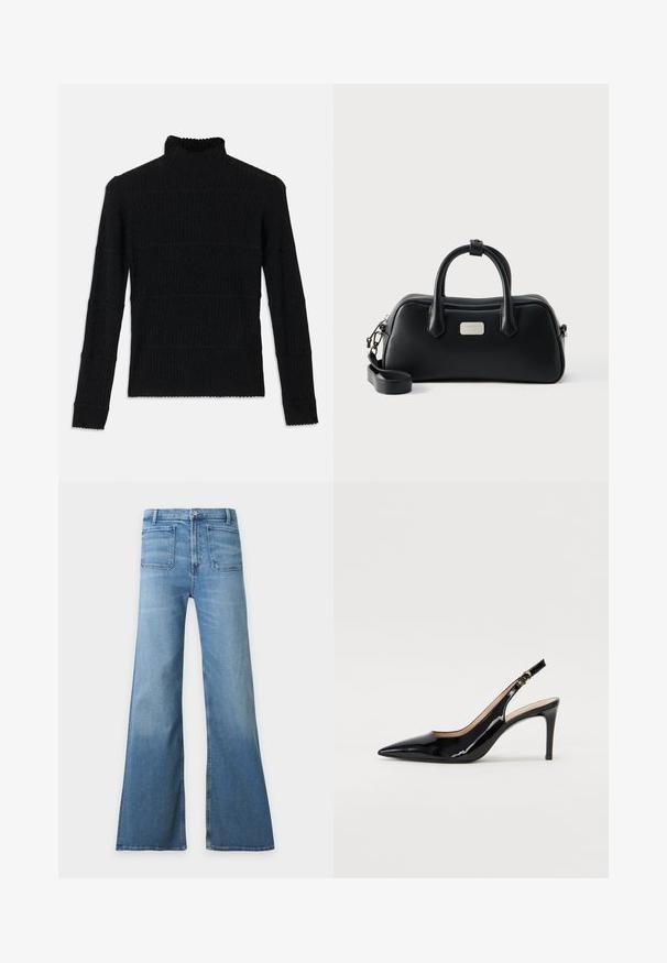 Zwarte geribbelde turtleneck trui met lange mouwen en een gestructureerde afwerking. Voorzien van horizontale strepen en een geschulpte zoom bij de mouwen.; Lichtblauwe high-waist spijkerbroek met brede uitlopende pijpen, voorzakken met opgestikte zakken, knoopsluiting en riemlussen.; Zwarte gepatineerde leren slingback pump met een puntige neus, slanke hak en een subtiel uitgesneden ontwerp. Bevat een gouden gesp op de band.; Zwarte rechthoekige leren handtas met twee handvatten, afneembare schouderriem en klein zilverkleurig merklogo op de voorkant.